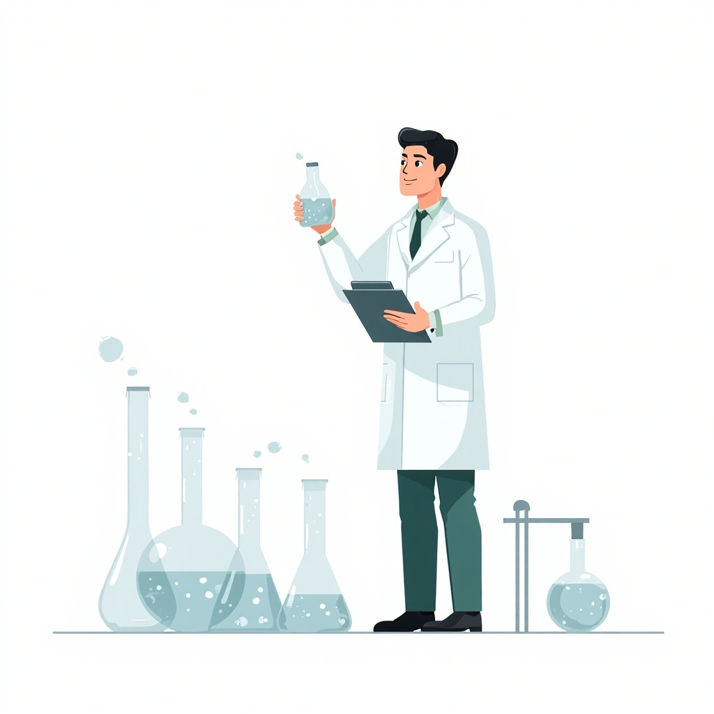 professional water quality lab technician in white coat holding a sample vial