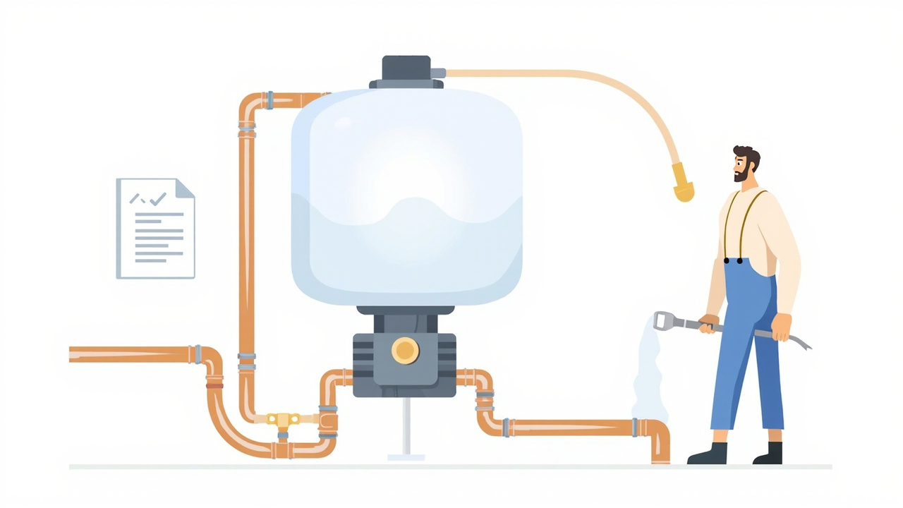 water softener installation with copper pipes bypass valve and drain line plus a checklist icon