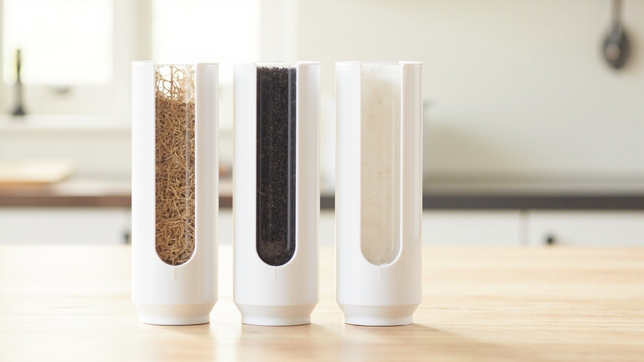 three white RO filter cartridges side by side in a row showing sediment, carbon, and post-carbon media differences