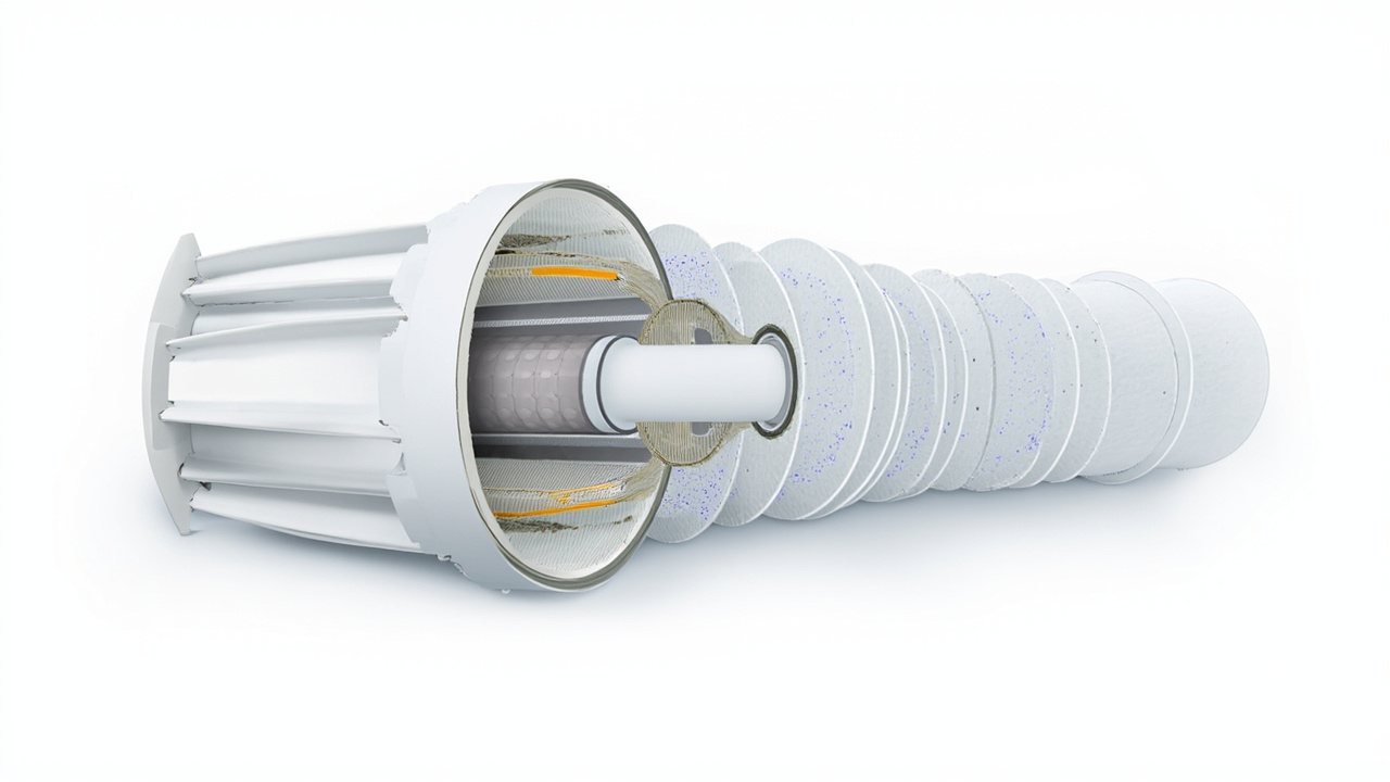close-up of a drop-in spiral-wound RO membrane cartridge in a white plastic housing