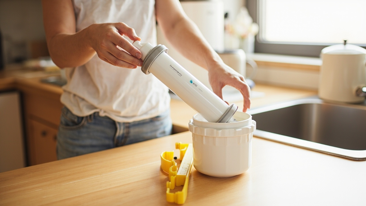 RO membrane cartridge being lifted out of its white housing with a filter wrench on a kitchen counter