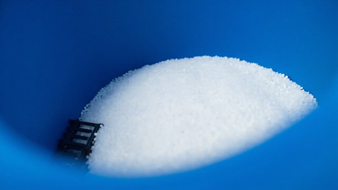Dense white salt pellets piled over a brine tank grid