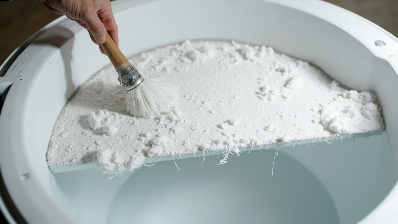 Hand breaking a hard salt crust above water in a brine tank