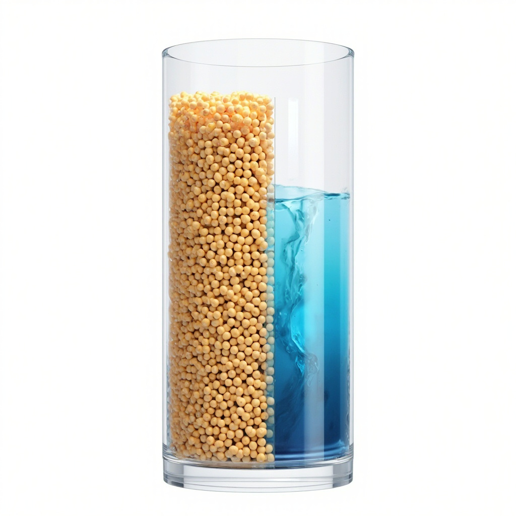 cross-section of water softener resin beads in a mineral tank with blue brine flowing through