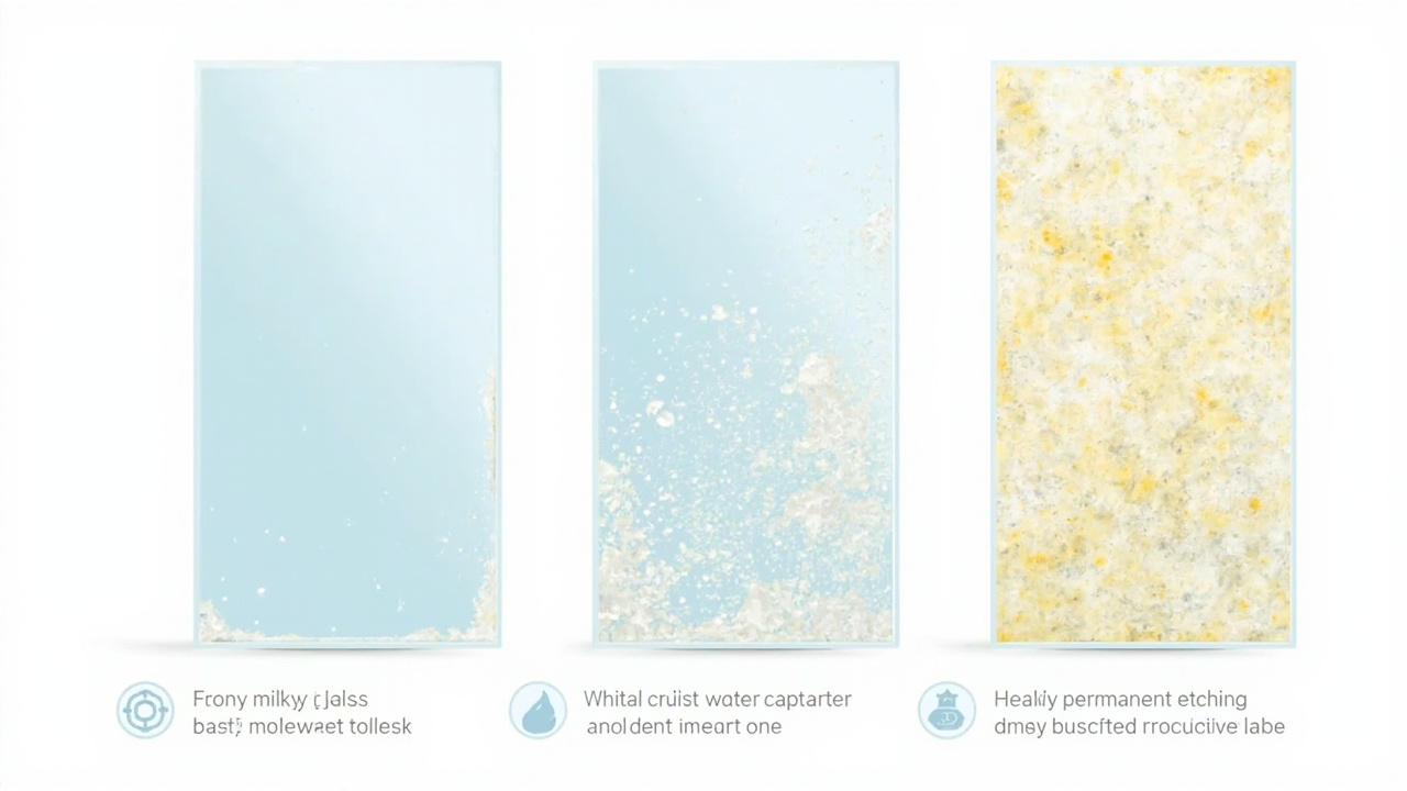 three glass panels showing progression from light haze to moderate crust to heavy etched scale