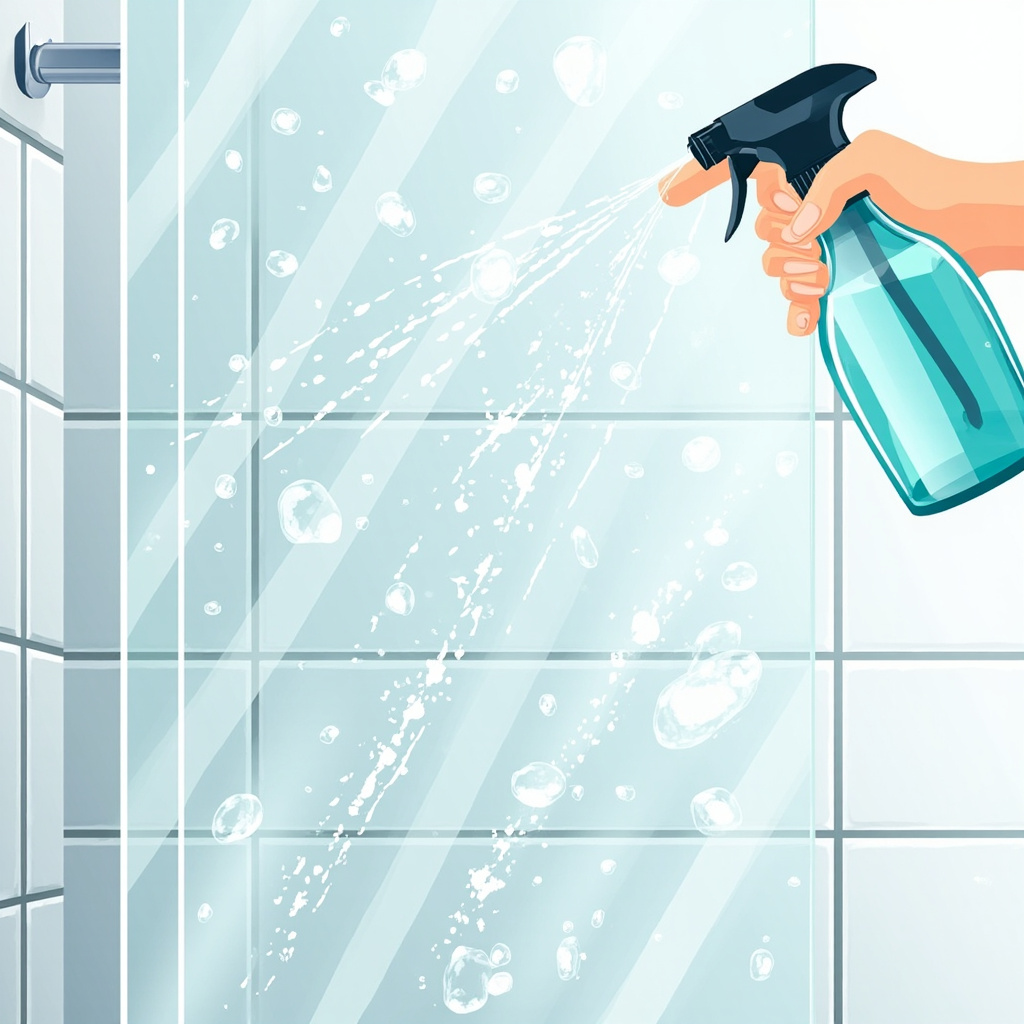 spray bottle applying cleaning solution onto a mineral-spotted glass shower door