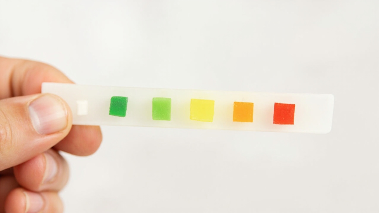 water hardness test strip held next to a color reference chart on a white background