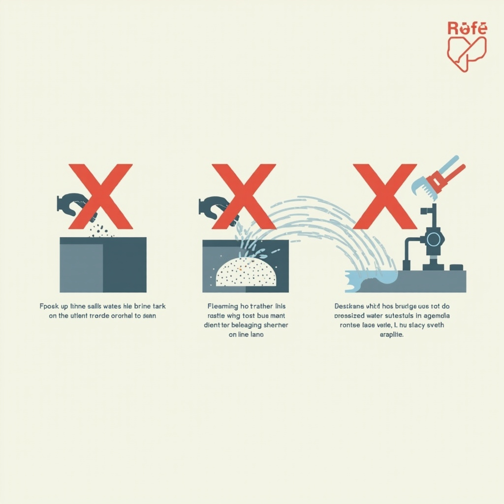 Three common brine tank mistakes with warning icons: overfilling, hot water, and valve disassembly