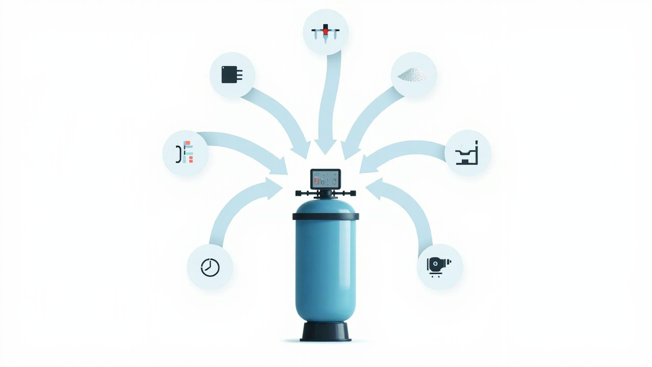 Seven-branch softener troubleshooting map around a central softener tank