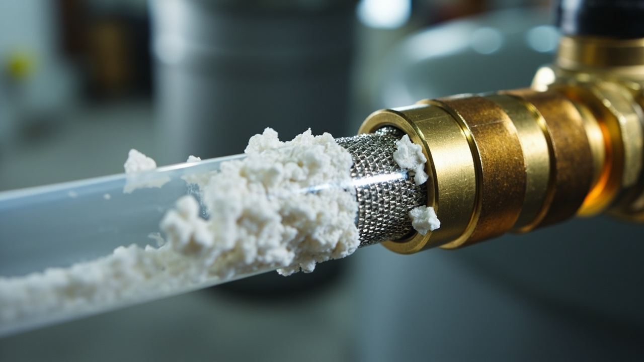 Brass brine injector nozzle and mesh screen clogged with white scale