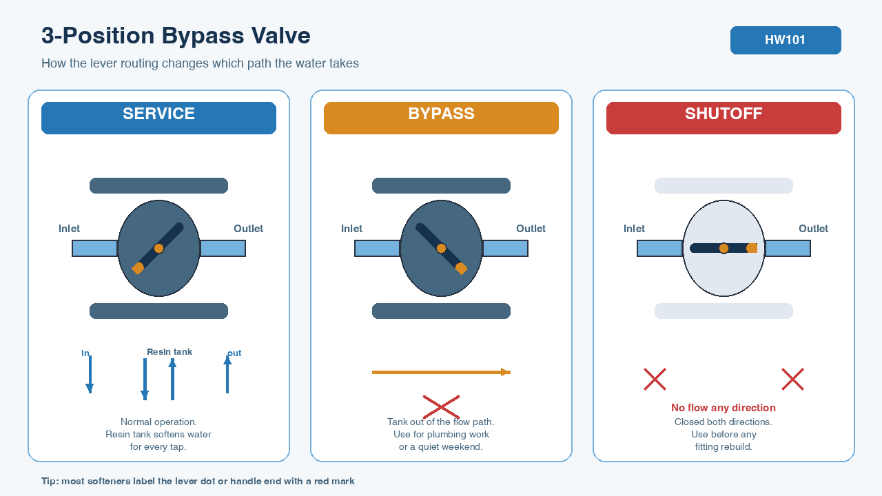Three-column bypass valve diagram showing service, bypass, and shutoff positions with flow arrows