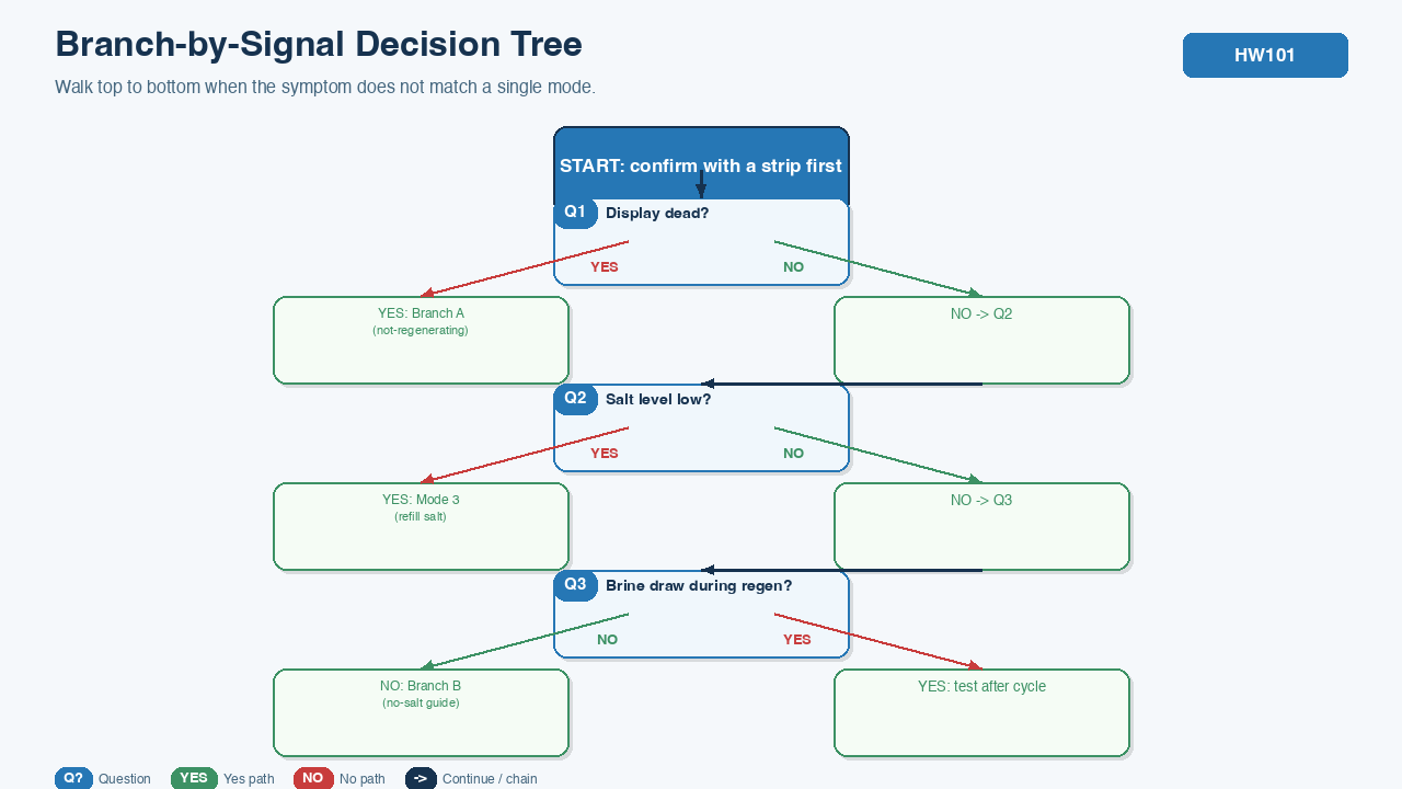 Three-question decision tree with yes and no branches leading to branch A, branch B, branch C, mode 3, or a test-after-cycle
