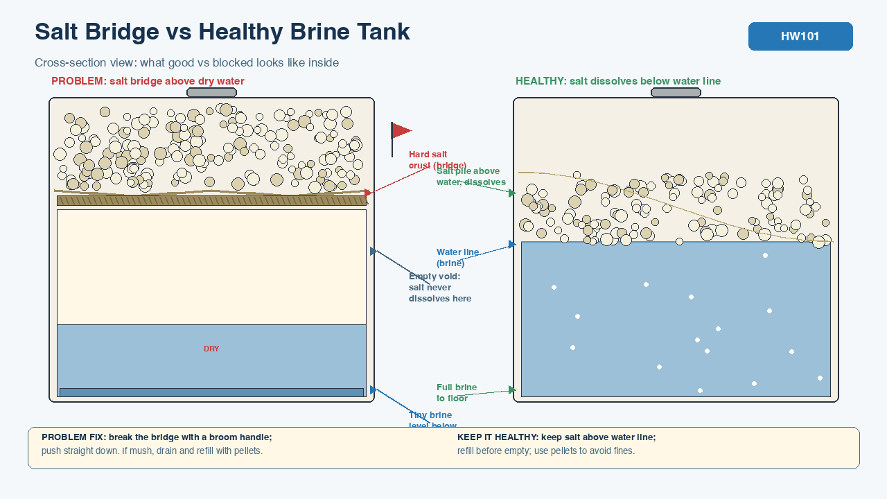 Problem brine tank with hard salt bridge above dry water vs healthy tank with salt below water line