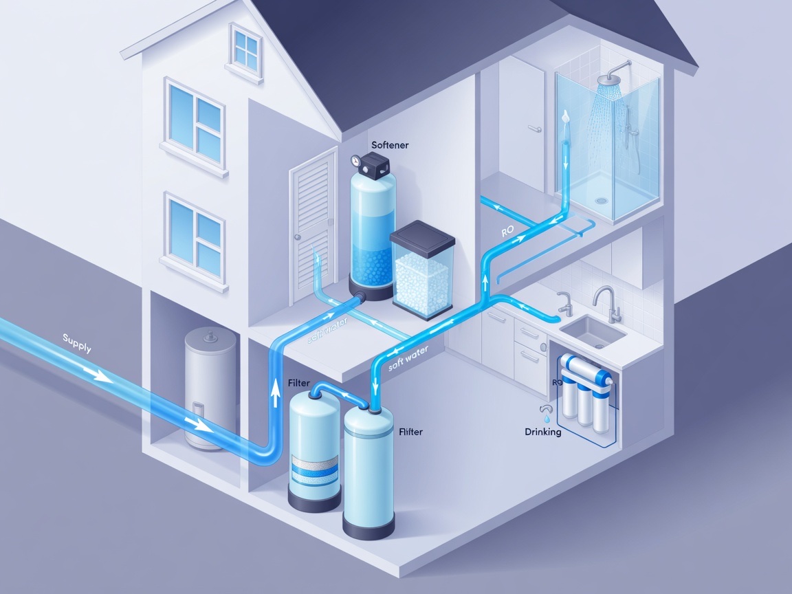 Home water system overview: supply, filters, softener, fixtures, and RO for drinking