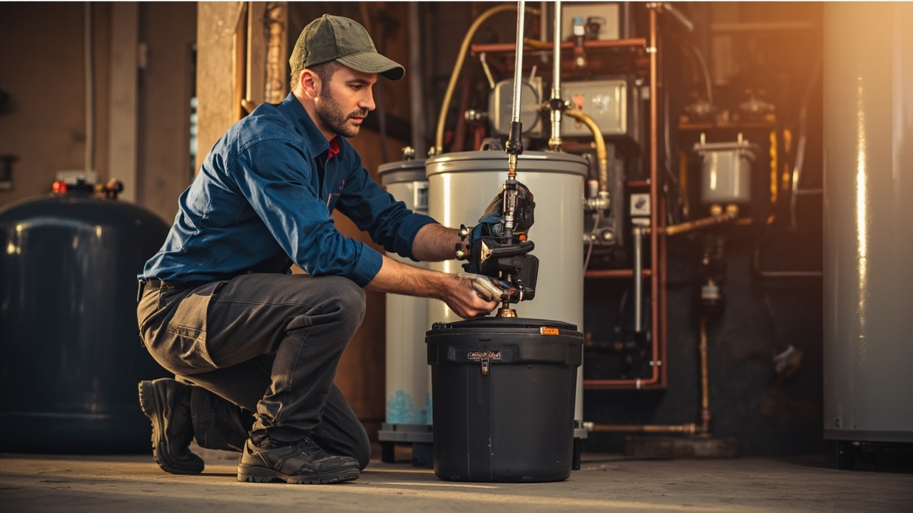 professional plumber servicing a residential water softener system in a basement setting