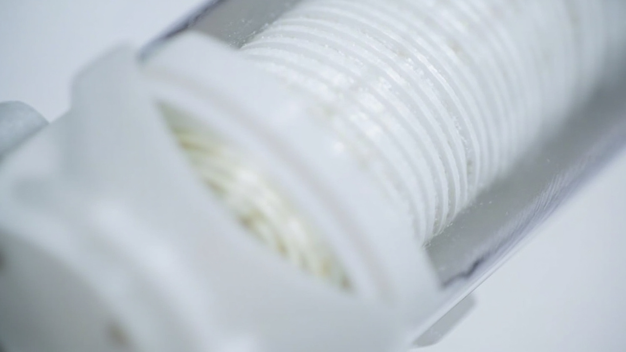 close-up of an RO membrane cartridge showing the spiral-wound element inside a white housing