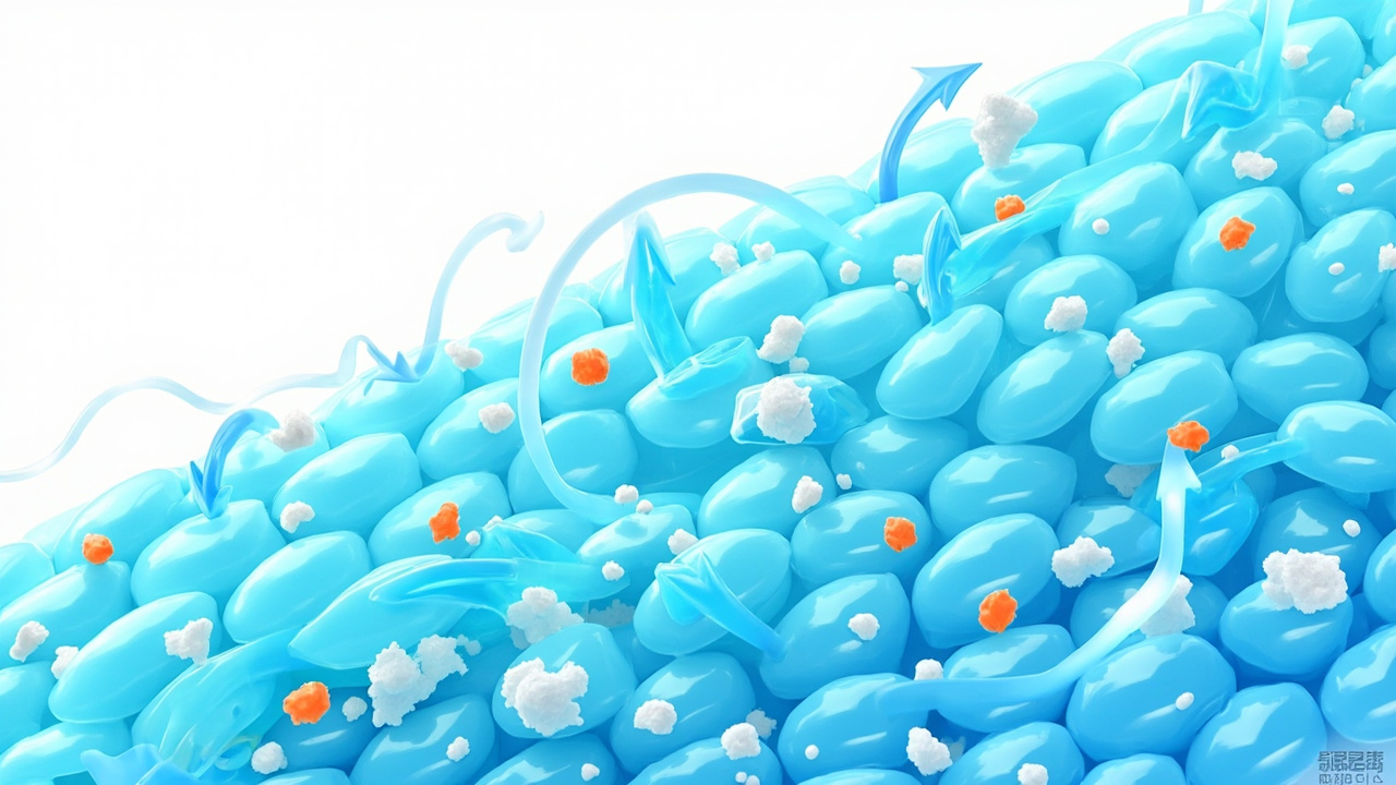 cross-section of blue resin beads swapping calcium for sodium ions inside a softener tank