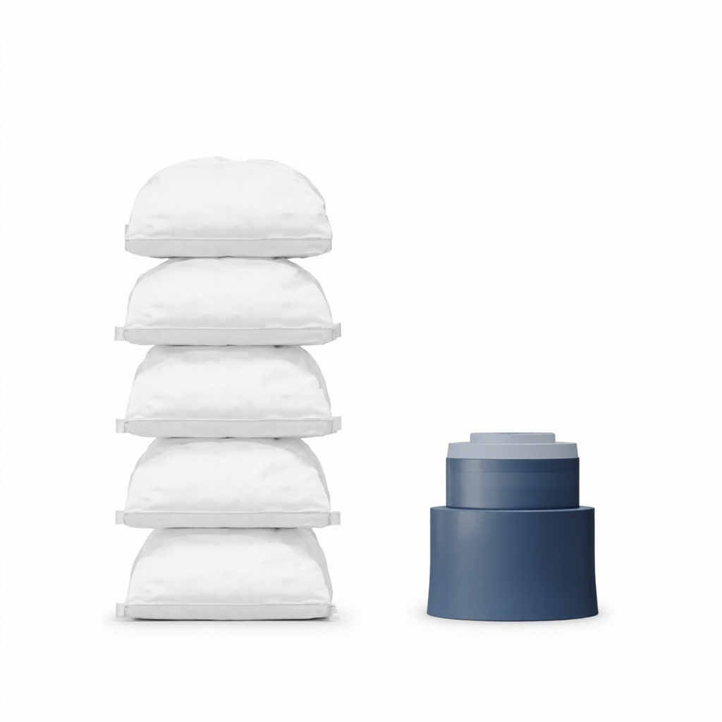 stack of white salt bags representing recurring cost next to a single replacement media cartridge
