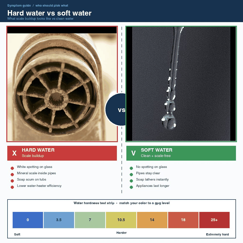 bathroom faucet with white scale buildup versus clean clear water and test strip