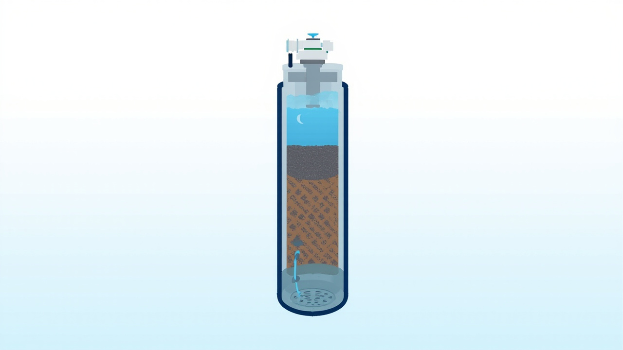 cutaway diagram of an air-injection iron filter showing control valve, air charge, media bed, and backwash line