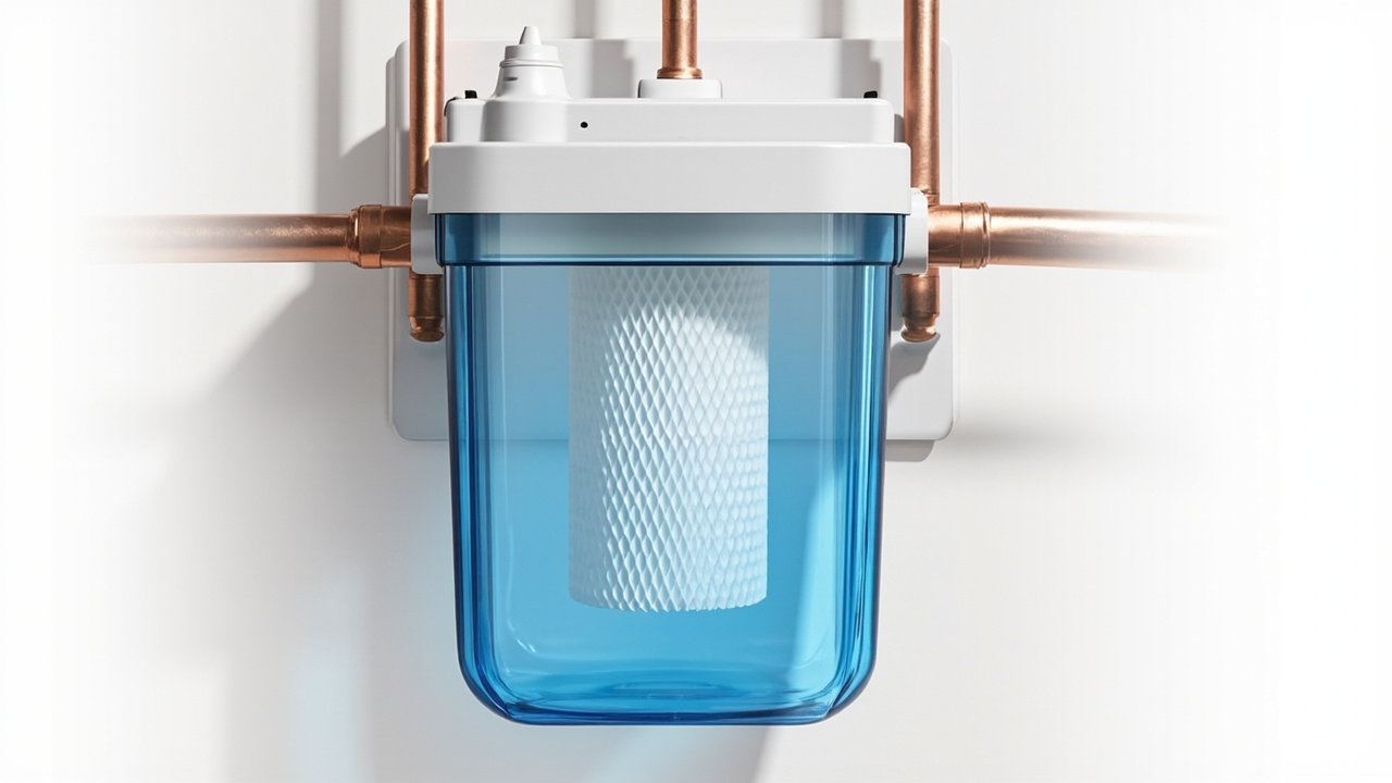 point-of-entry water filter housing mounted on a basement wall with copper inlet and outlet pipes