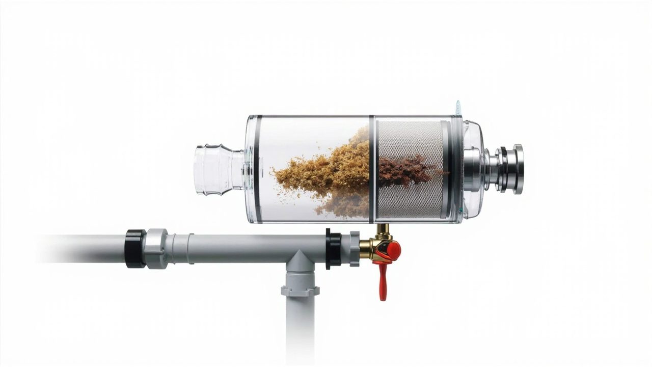 spin-down sediment pre-filter with stainless steel mesh and flush valve on a well water pipe