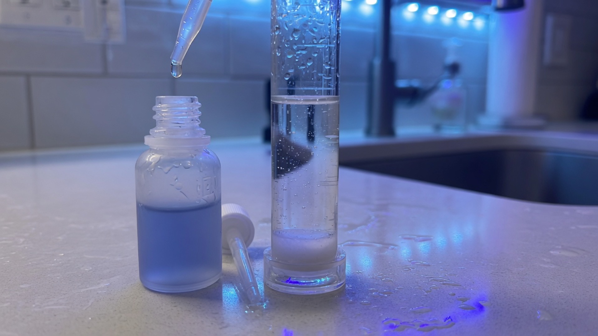 Hardness drop test vial and reagent on a kitchen counter