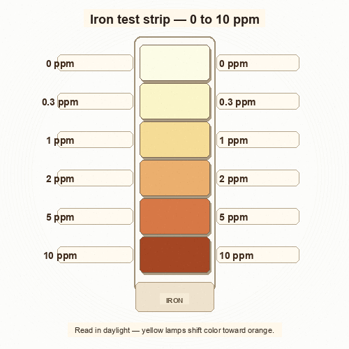 Iron test strip color chart from 0 to 10 ppm: pale yellow to deep rust-orange
